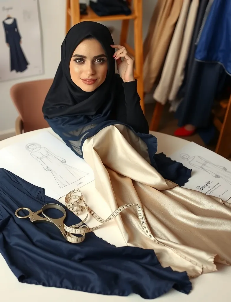 Meja desain dengan sketsa abaya dan contoh kain